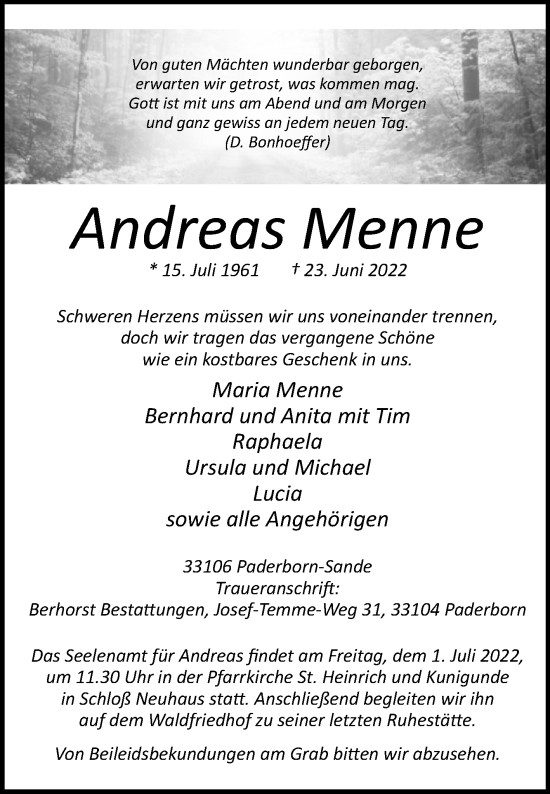 Traueranzeige von Andreas Menne von Westfalen-Blatt