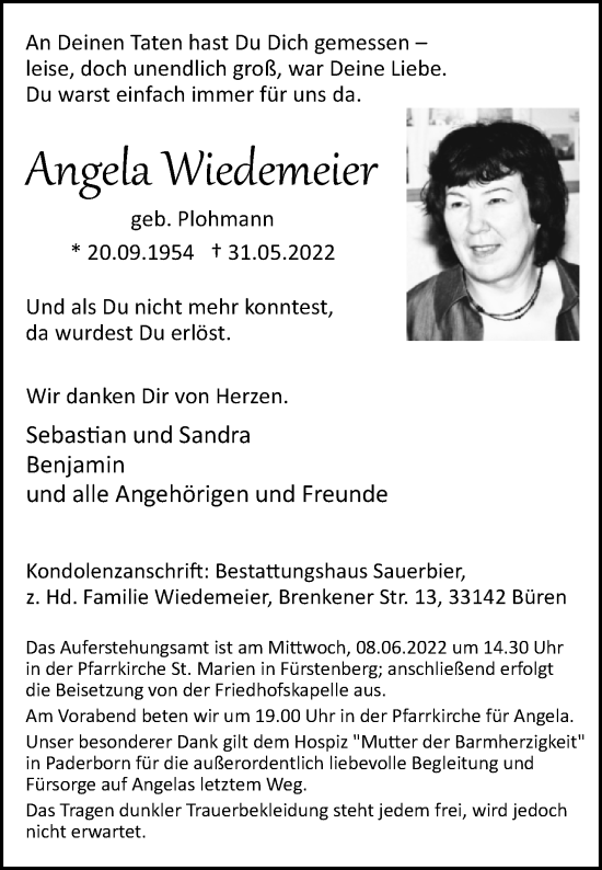 Traueranzeige von Angela Wiedemeier von Westfalen-Blatt