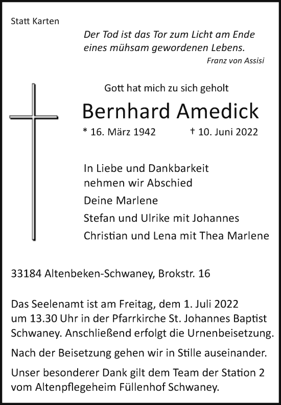 Traueranzeige von Bernhard Amedick von Westfalen-Blatt