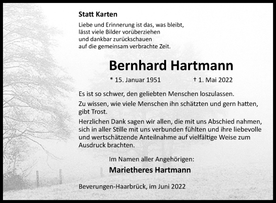 Traueranzeige von Bernhard Hartmann von Westfalen-Blatt