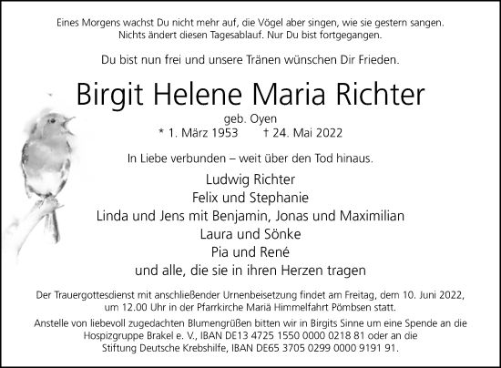 Traueranzeige von Birgit Helene Maria Richter von Westfalen-Blatt