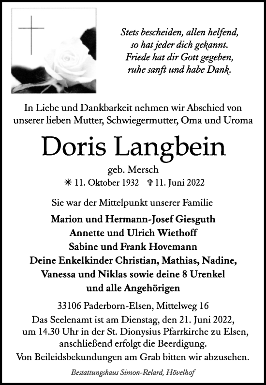 Traueranzeige von Doris Langbein von Westfalen-Blatt