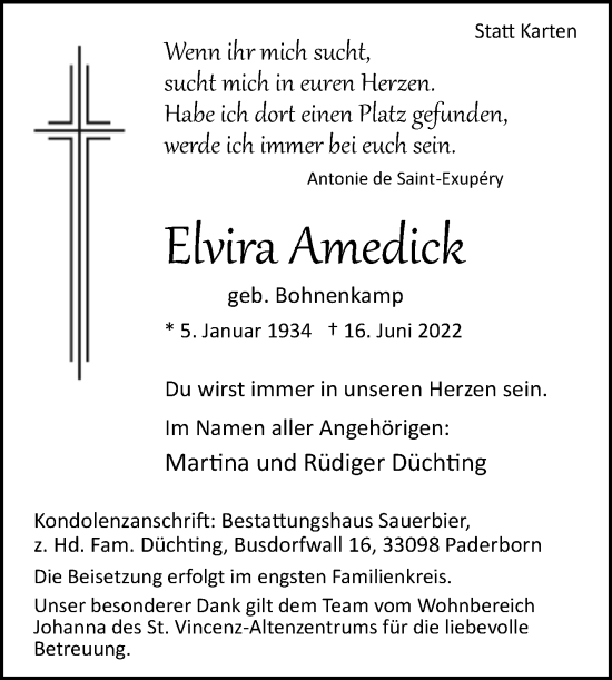 Traueranzeige von Elvira Amedick von Westfalen-Blatt