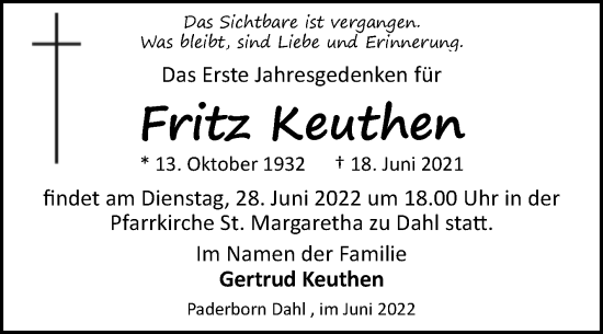 Traueranzeige von Fritz Keuthen von Westfalen-Blatt