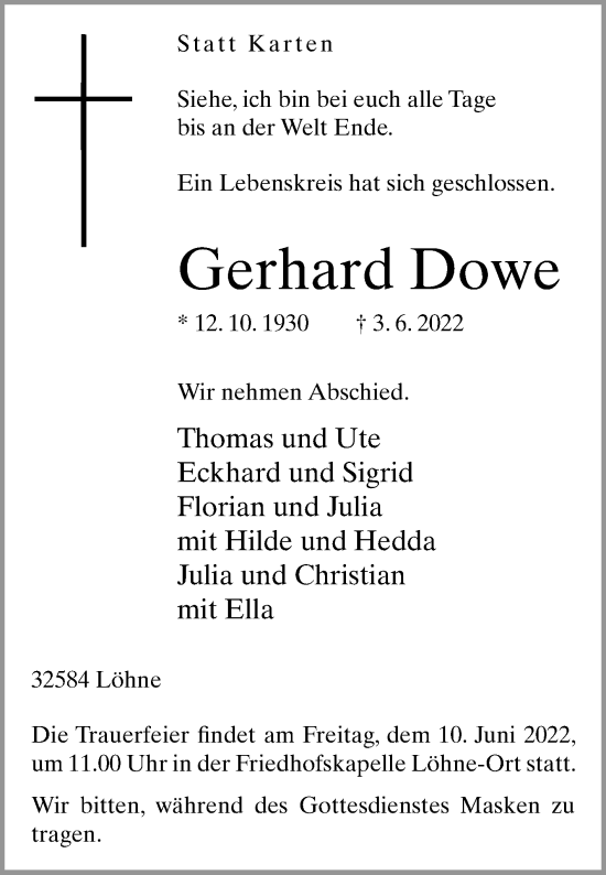 Traueranzeige von Gerhard Dowe von Westfalen-Blatt