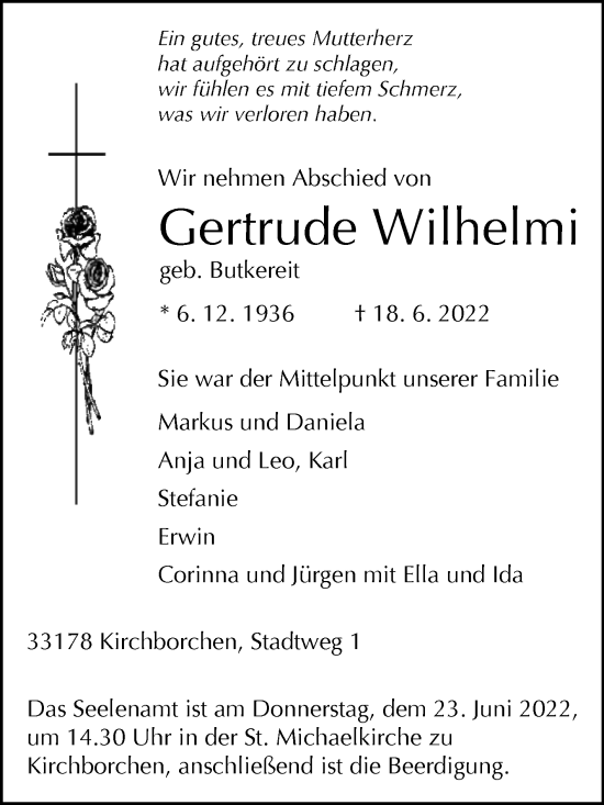 Traueranzeige von Gertrude Wilhelmi von Westfalen-Blatt