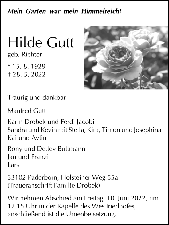 Traueranzeige von Hilde Gutt von Westfalen-Blatt