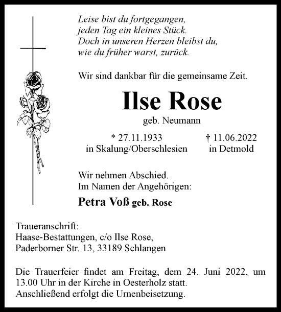 Traueranzeige von Ilse Rose von Westfalen-Blatt