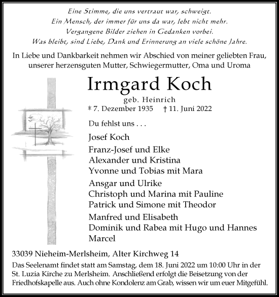 Traueranzeige von Irmgard Koch von Westfalen-Blatt