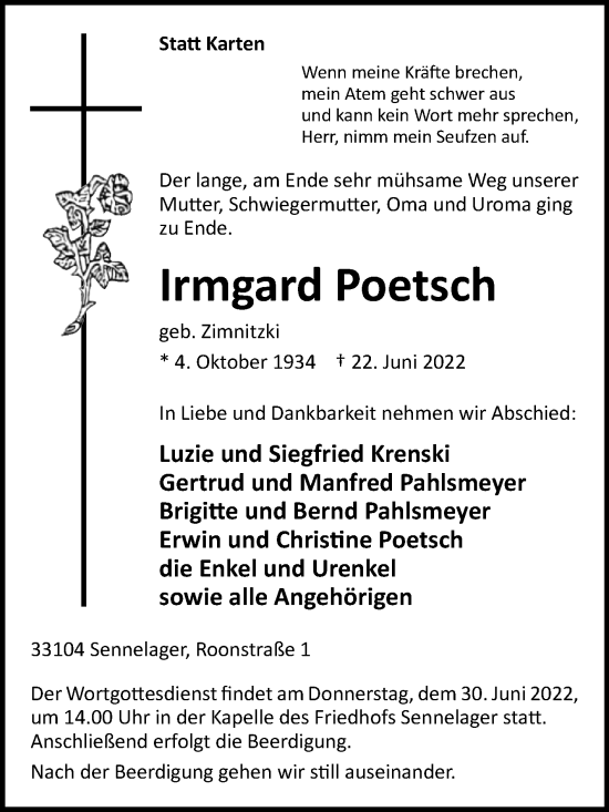 Traueranzeige von Irmgard Poetsch von Westfalen-Blatt