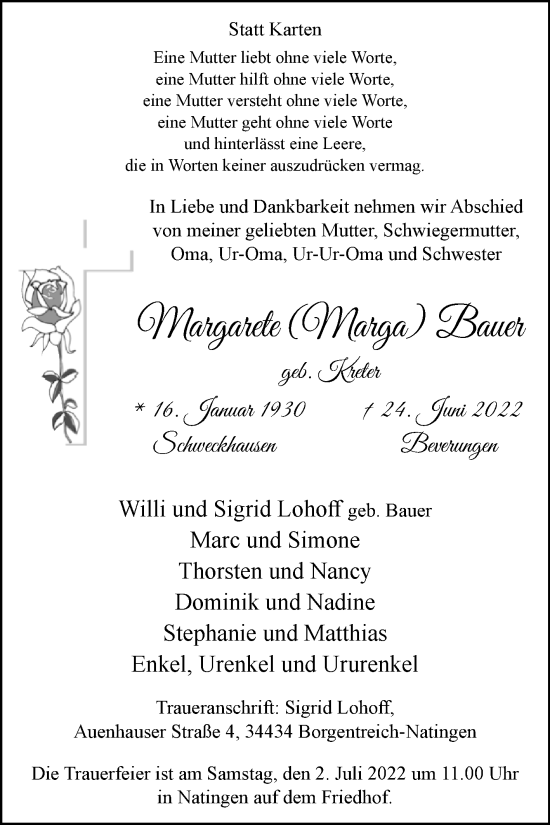 Traueranzeige von Margarete Bauer von Westfalen-Blatt