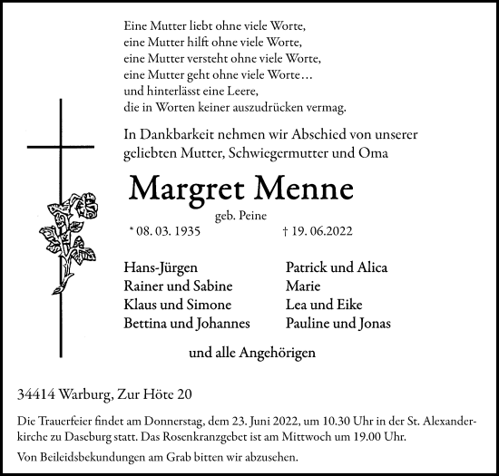 Traueranzeige von Margret Menne von Westfalen-Blatt