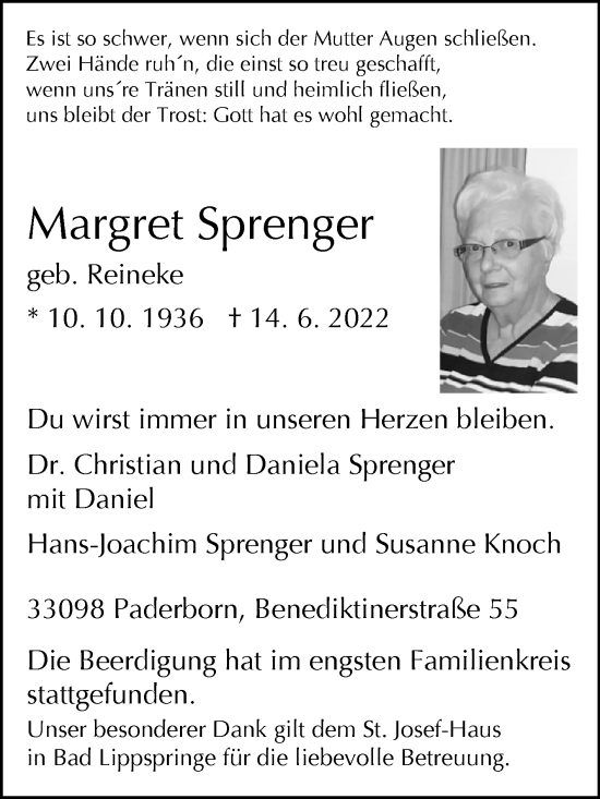 Traueranzeige von Margret Sprenger von Westfalen-Blatt