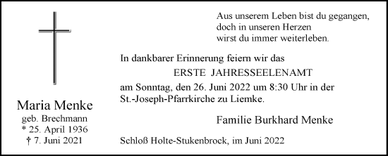 Traueranzeige von Maria Menke von Westfalen-Blatt