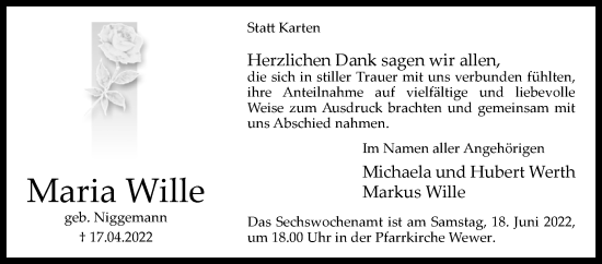 Traueranzeige von Maria Wille von Westfalen-Blatt