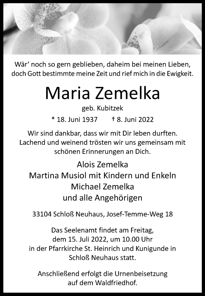  Traueranzeige für Maria Zemelka vom 18.06.2022 aus Westfalen-Blatt