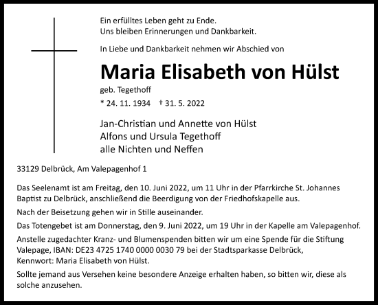 Traueranzeige von Maria Elisabeth von Hülst von Westfalen-Blatt