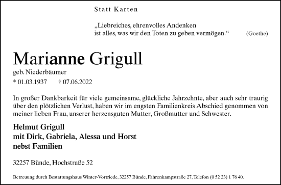 Traueranzeige von Marianne Grigull von Westfalen-Blatt