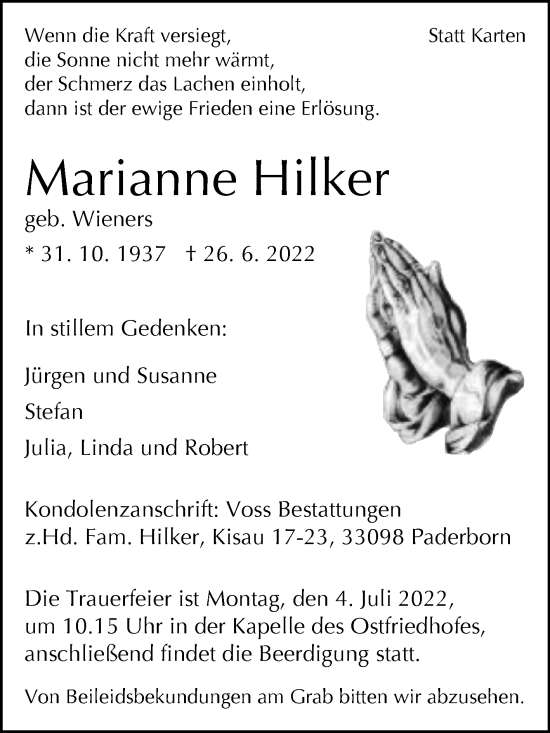 Traueranzeige von Marianne Hilker von Westfalen-Blatt