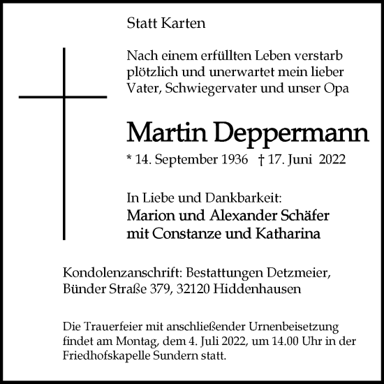 Traueranzeige von Martin Deppermann von Westfalen-Blatt