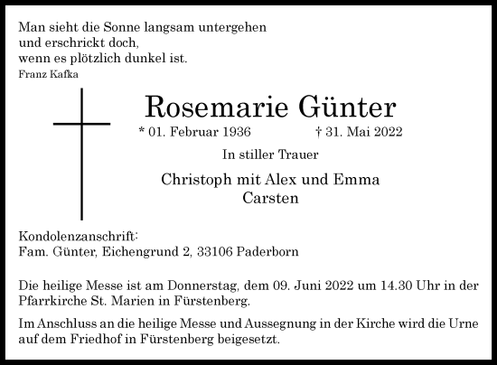 Traueranzeige von Rosemarie Günter von Westfalen-Blatt