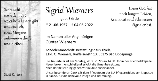 Traueranzeige von Sigrid Wiemers von Westfalen-Blatt