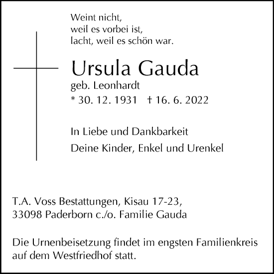 Traueranzeige von Ursula Gauda von Westfalen-Blatt