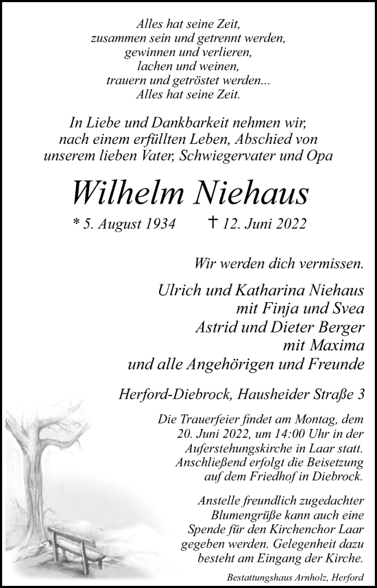 Traueranzeige von Wilhelm Niehaus von Westfalen-Blatt