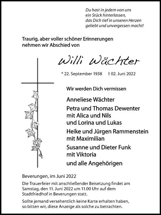 Traueranzeige von Willi Wächter von Westfalen-Blatt