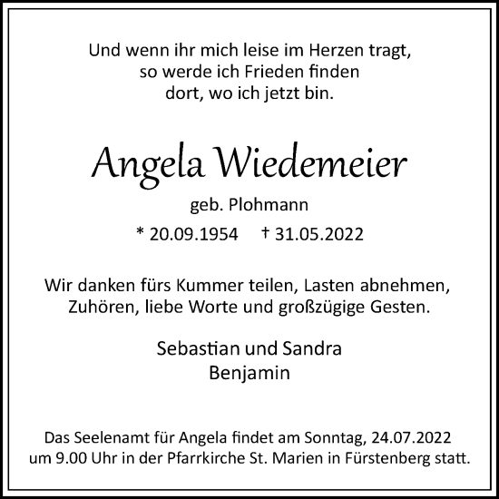 Traueranzeige von Angela Wiedemeier von Westfalen-Blatt