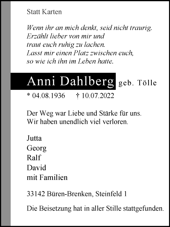 Traueranzeige von Anni Dahlberg von Westfalen-Blatt