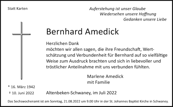 Traueranzeige von Bernhard Amedick von Westfalen-Blatt