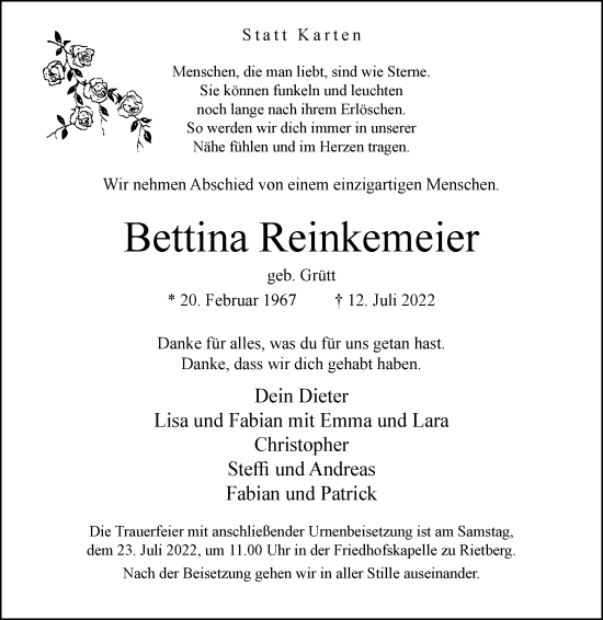 Traueranzeige von Bettina Reinkemeier von Westfalen-Blatt