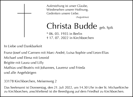 Traueranzeige von Christa Budde von Westfalen-Blatt