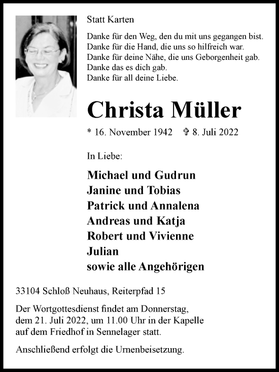 Traueranzeige von Christa Müller von Westfalen-Blatt