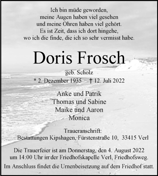 Traueranzeige von Doris Frosch von Westfalen-Blatt