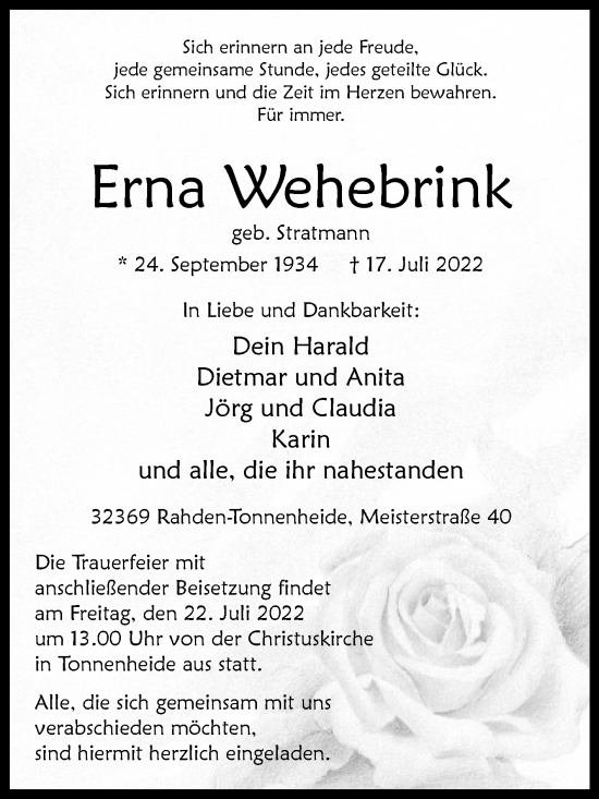 Traueranzeige von Erna Wehebrink von Westfalen-Blatt