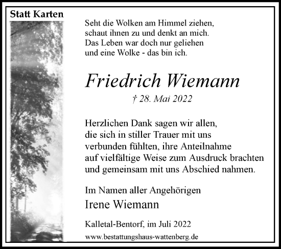 Traueranzeige von Friedrich Wiemann von Westfalen-Blatt