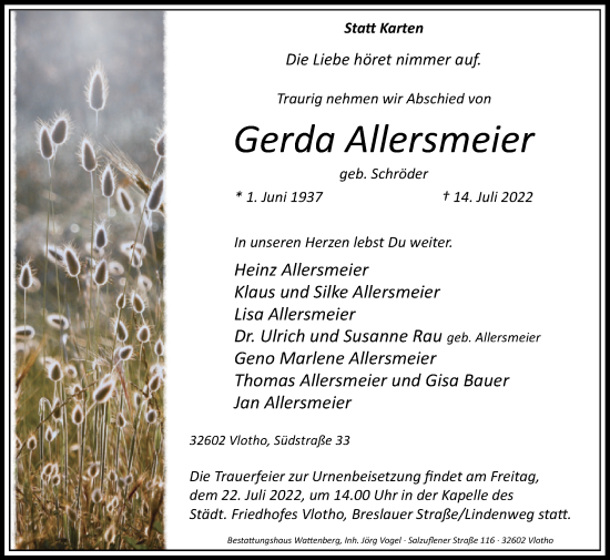 Traueranzeige von Gerda Allersmeier von Westfalen-Blatt