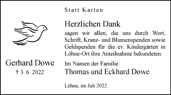 Traueranzeige von Gerhard Dowe von Westfalen-Blatt