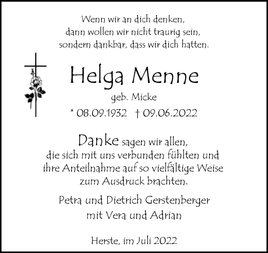 Traueranzeige von Helga Menne von Westfalen-Blatt