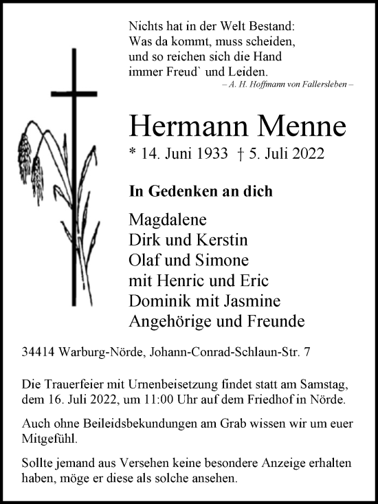 Traueranzeige von Hermann Menne von Westfalen-Blatt