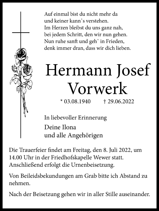 Traueranzeige von Hermann Josef Vorwerk von Westfalen-Blatt