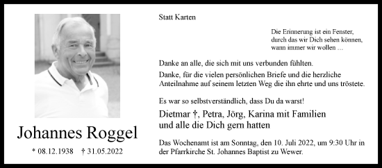 Traueranzeige von Johannes Roggel von Westfalen-Blatt