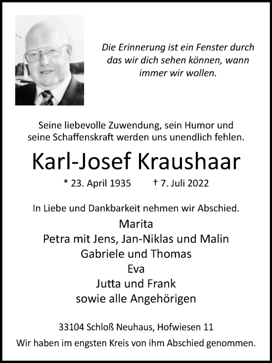 Traueranzeige von Karl-Josef Kraushaar von Westfalen-Blatt