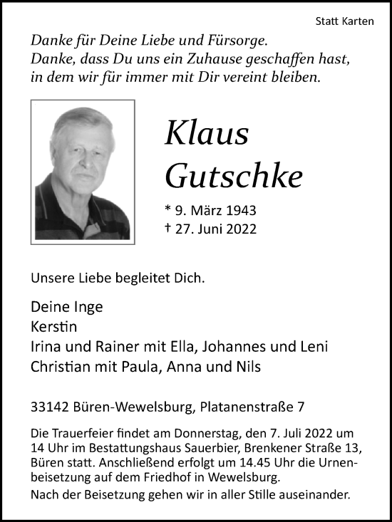 Traueranzeige von Klaus Gutschke von Westfalen-Blatt