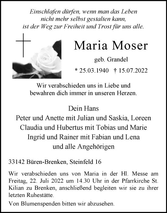 Traueranzeige von Maria Moser von Westfalen-Blatt