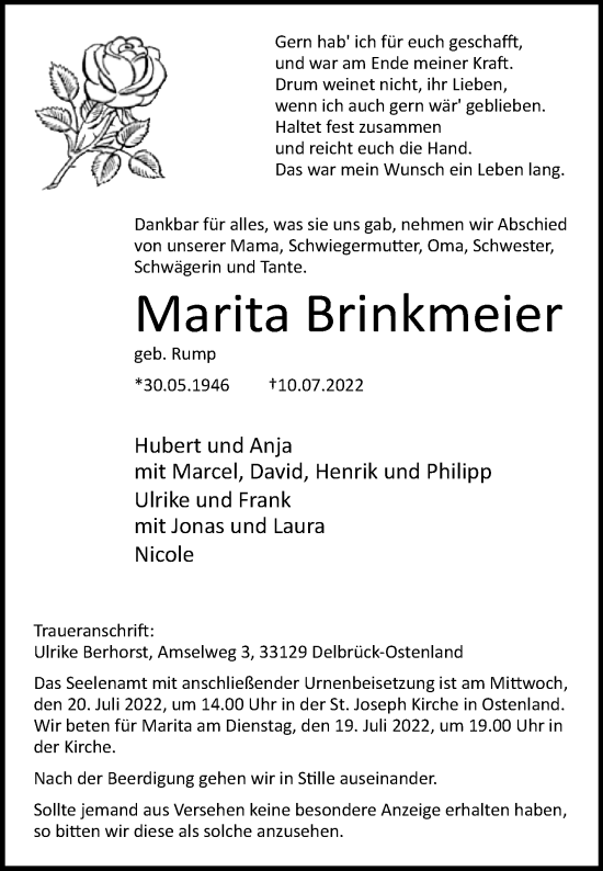 Traueranzeige von Marita Brinkmeier von Westfalen-Blatt