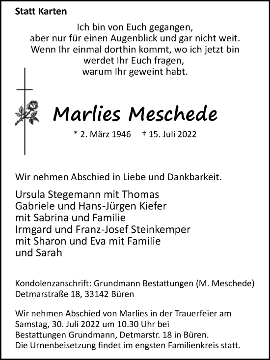 Traueranzeige von Marlies Meschede von Westfalen-Blatt