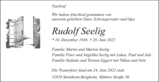 Traueranzeige von Rudolf Seelig von Westfalen-Blatt